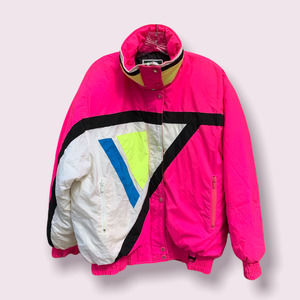 Vintage Ski Coat L Down Filled Green Mountain Neon Pink Yellow Blue Puffy Jacket